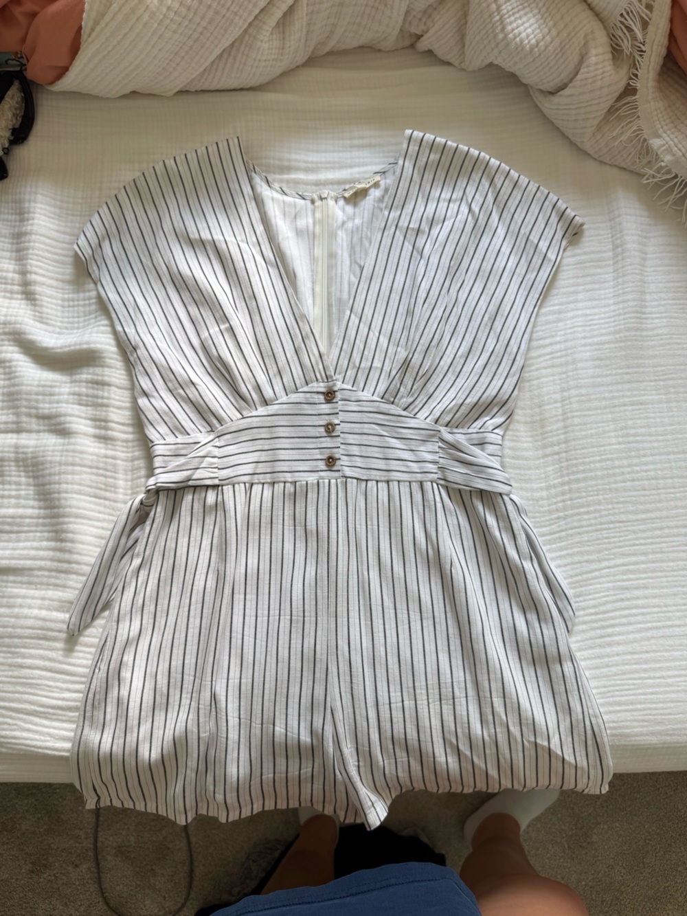 Main Strip Cream & Black Vertical Stripe V-Neck Tunic Romper